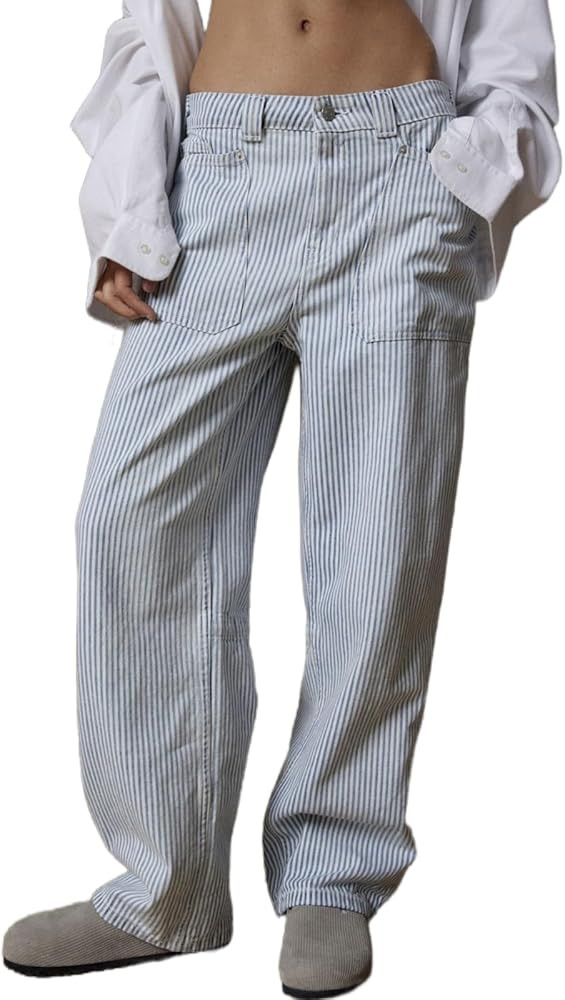 LifeShe Women Striped Baggy Barrel Jean Low Rise Straight Denim Pants Patch Pocket Barrel Trouser... | Amazon (US)