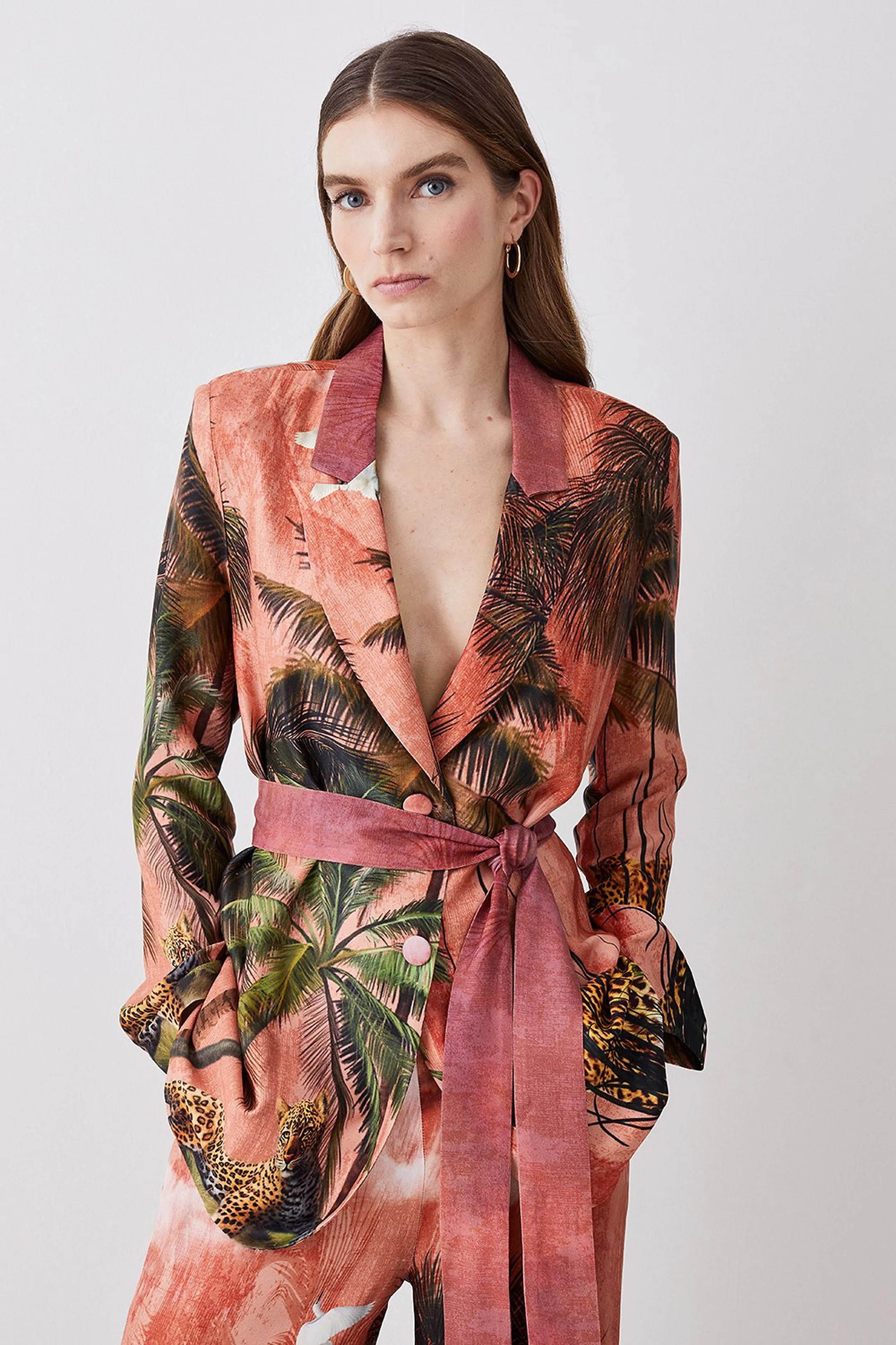 Satin Palm Print Belted Woven Jacket | Karen Millen US