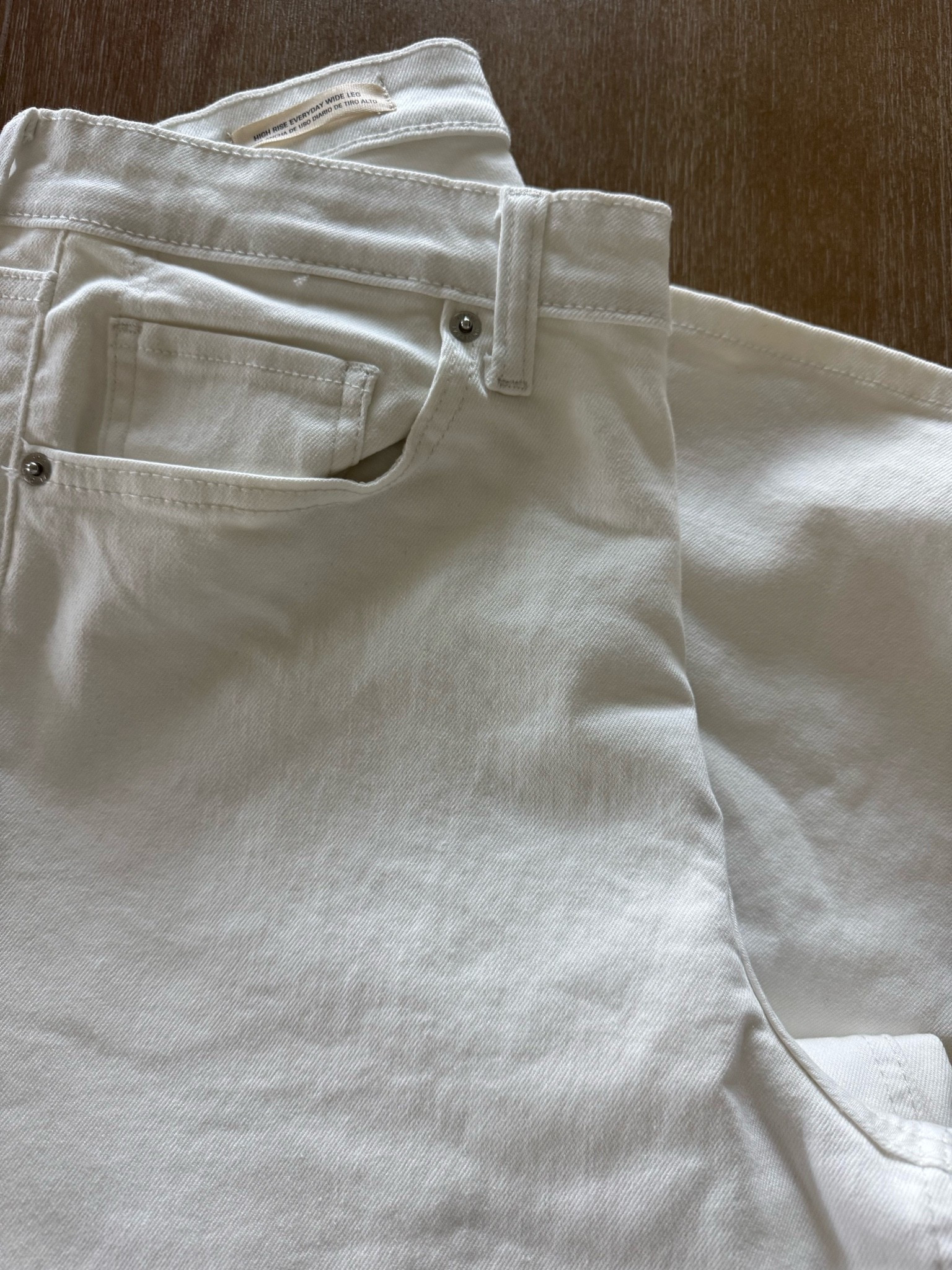 wide leg white jeans with some stretch —regular length is long