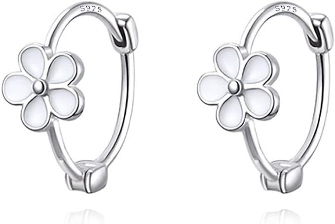 Reffeer Solid 925 Sterling Silver Daisy Hoop Earrings Huggies for Women Girls Small White Flower ... | Amazon (US)