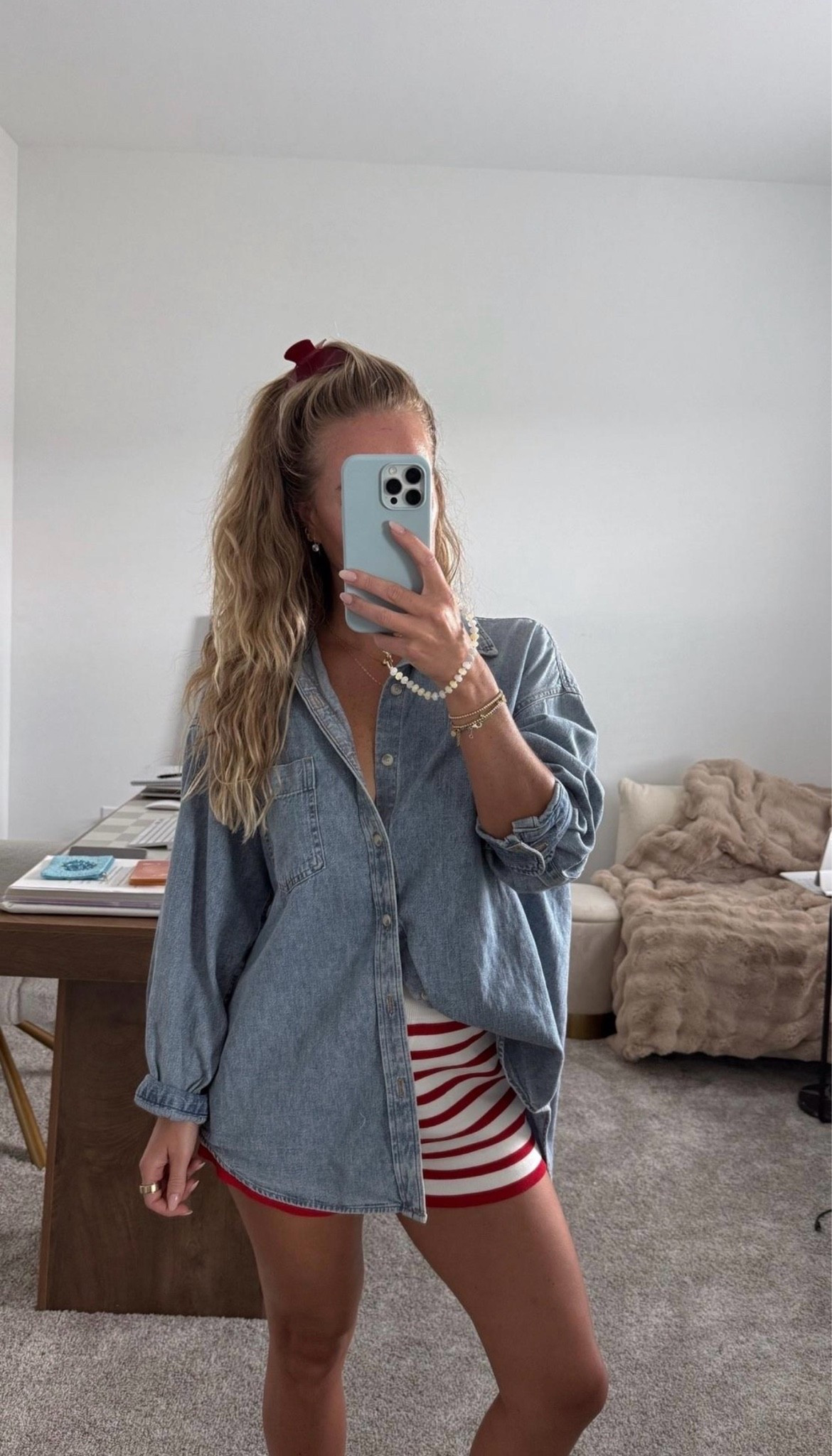 Casual OOTD ❤️ @Aritzia Oversized Denim shirt paired with English Factory Striped Knit shorts. 

Small in shorts. 

4th of July fashion, Americana style, coastal grandmother style, New England summer, East Coast preppy, nautical outfit, classic summer fashion, red white and blue, summer holiday outfit, preppy style, coastal style

#LTKootd #LTKSeasonal