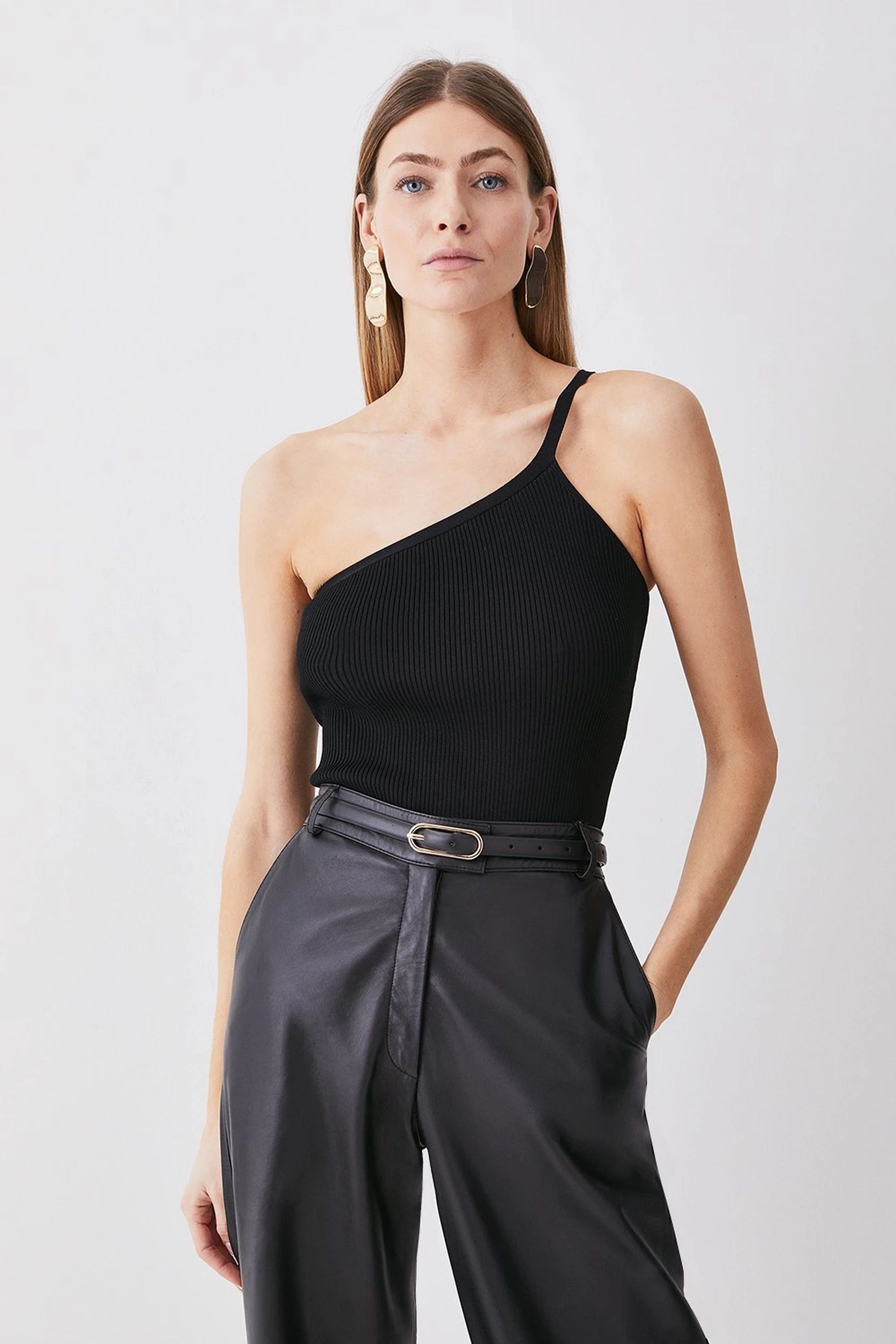 One Shoulder Rib Knit Top | Karen Millen UK + IE + DE + NL