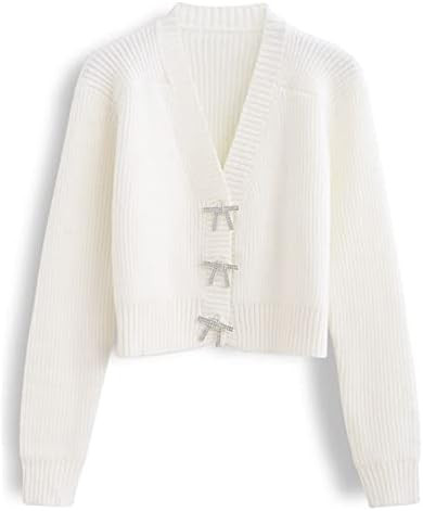 CHICWISH Women Crop Cardigan Sweaters Bowknot Brooch Button Knit Cardigans Open Front Long Sleeve... | Amazon (US)