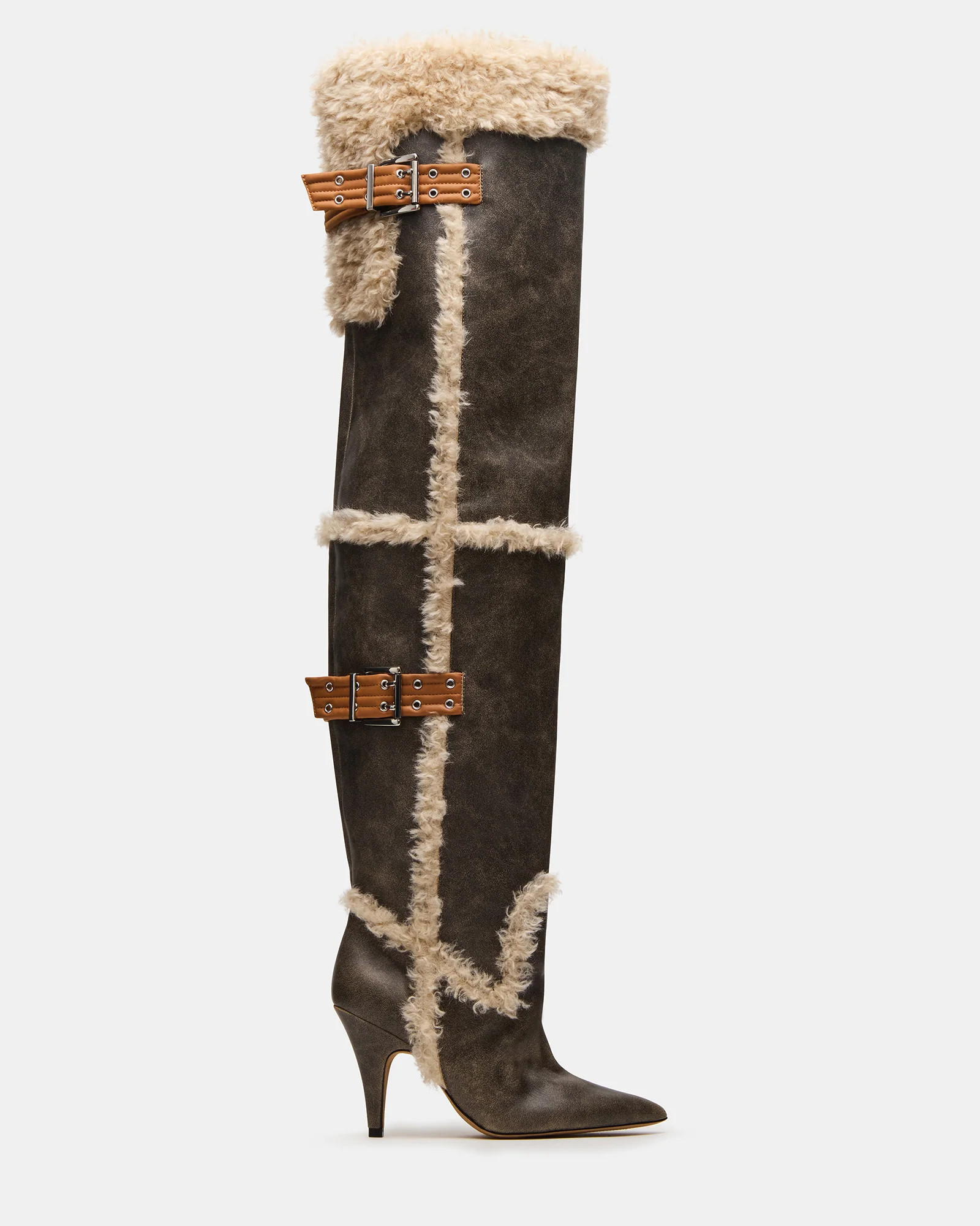 BADDIE Faux Fur Brown Distressed Over-The-Knee Moto Women's Boot | Steve Madden (US)