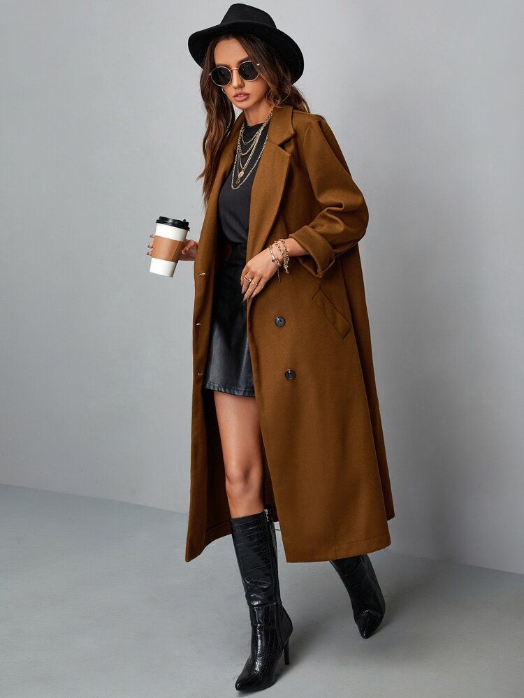 Lapel Collar Longline Pea Coat | SHEIN