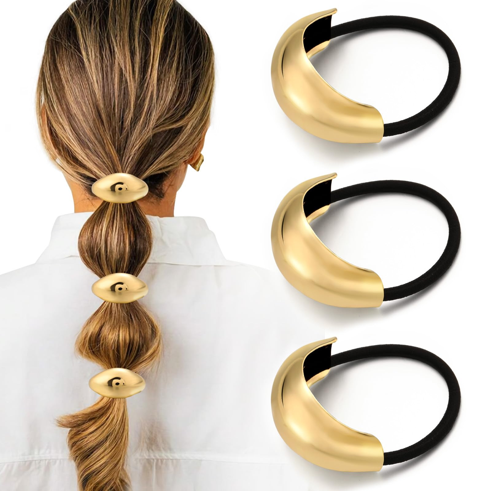 3PCS Gold Hair Ties, Metal Hair Ties for Thick Hair, Elegant Durable Geometric Design Hair Cuffs,... | Amazon (US)
