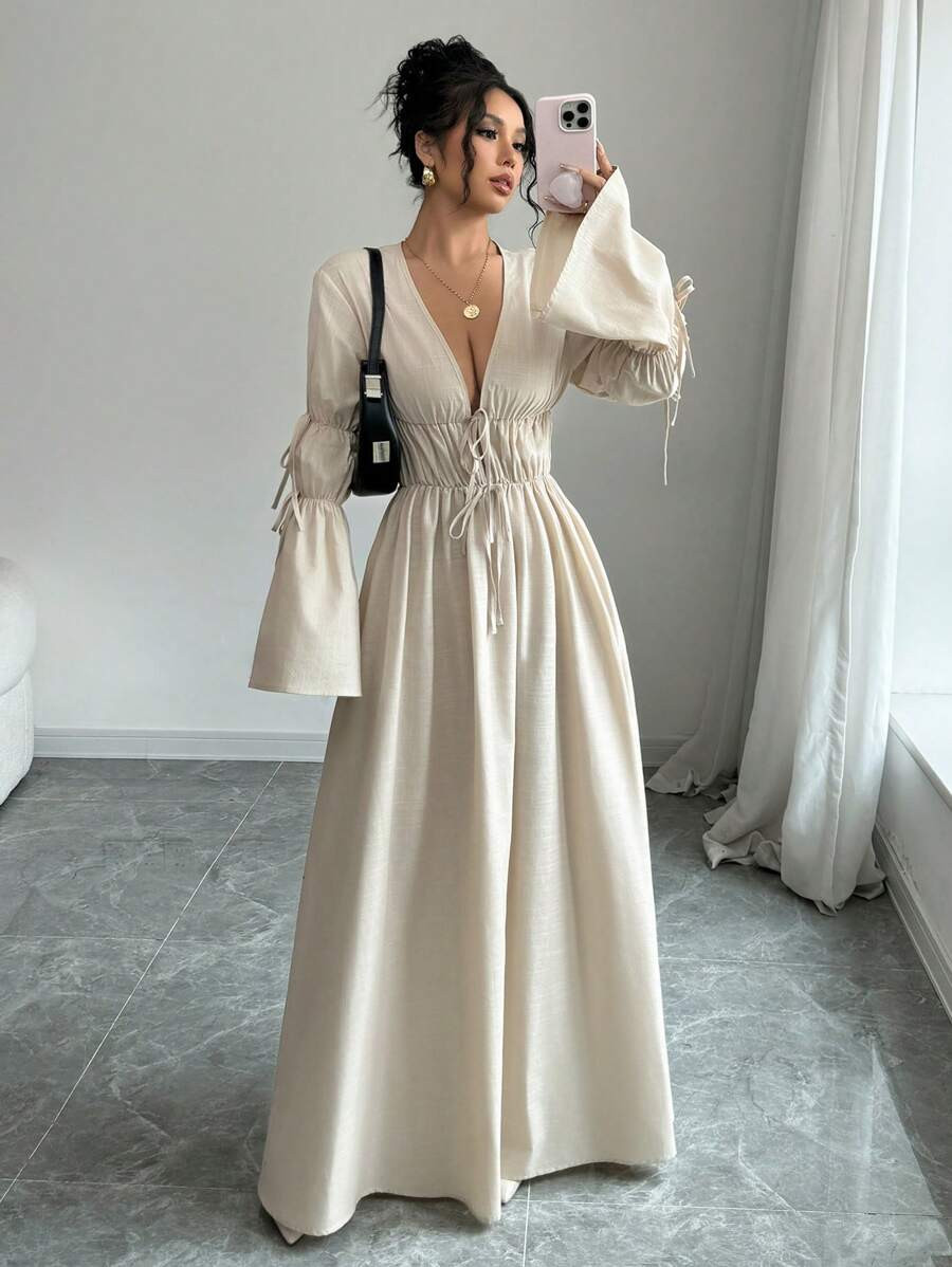 Siren Gaze Women's Elegant Solid Color Flared Sleeve Tie Up Long Dress, Autumn | SHEIN