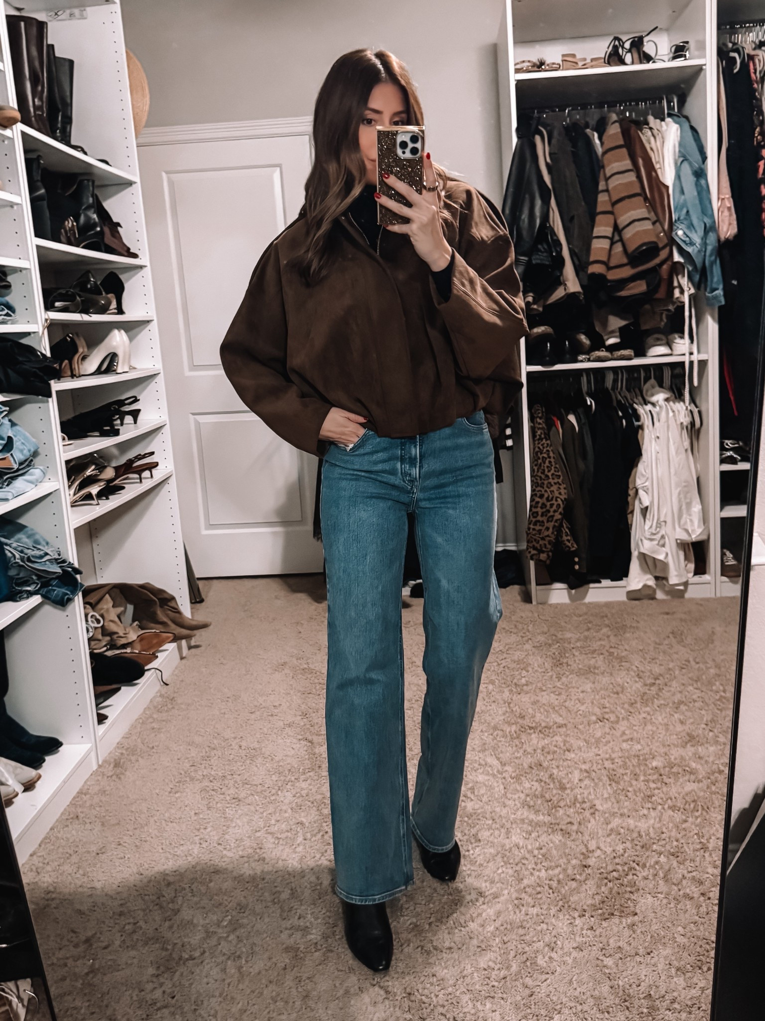 Small in jacket, size 27 in jeans 