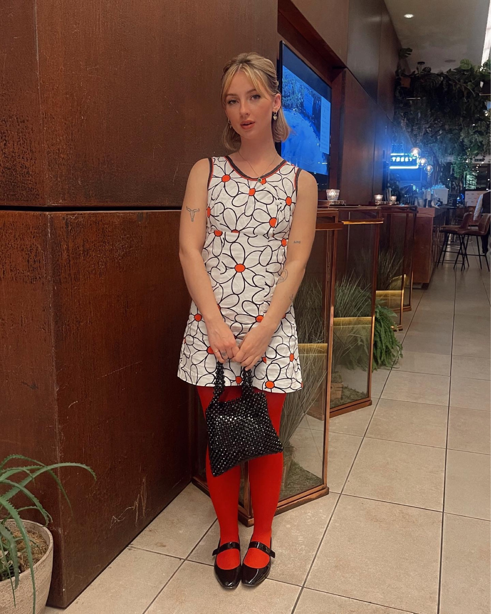 🍄 
60s style/mini dress/red tights/coloured tights/beaded bag/Mary Jane shoes 

#LTKunder50 #LTKSeasonal #LTKstyletip