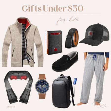 Gifts for him - all under $50! These include a zip up cardigan, a wallet, belt, hat, slippers, massager, watch, laptop backpack, and pajama pants. 

Gifts for him, gifts for dad, gift guide, gifts under $50

#LTKstyletip #LTKGiftGuide #LTKfindsunder50