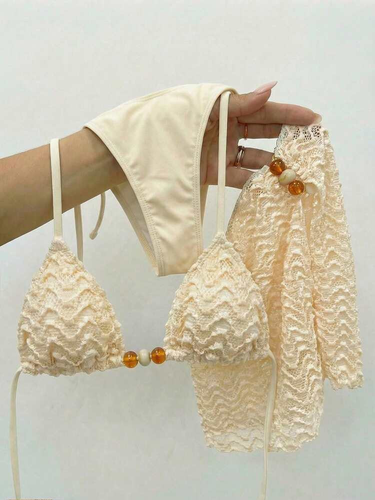 Bikinx 3 Piece Apricot Textured Bikini Set With Cover Up Skirt, Women's Beaded Decor Triangle Bathing Suit, Sexy Wavy Crochet Knit Swimsuit | SHEIN