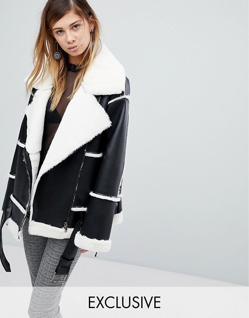 Monki Faux Leather Shearling Biker Jacket | ASOS UK