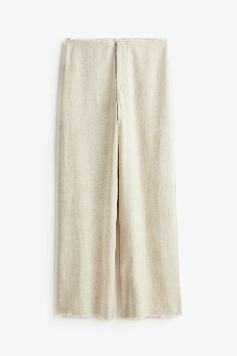 Frayed-edge linen-blend trousers - Regular waist - Long - Light beige - Ladies | H&M GB | H&M (UK, MY, IN, SG, PH, TW, HK)