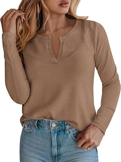 PRETTYGARDEN Long Sleeve Shirts for Women 2025 Fall V Neck Waffle Basic Tee Dressy Casual Winter ... | Amazon (US)