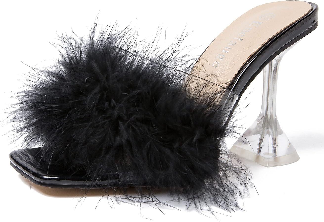 Enelauge Women's Feather High Heeled Mules Square Toe Slip On Sandals Fuzzy Fluffy Sexy Clear Hee... | Amazon (US)
