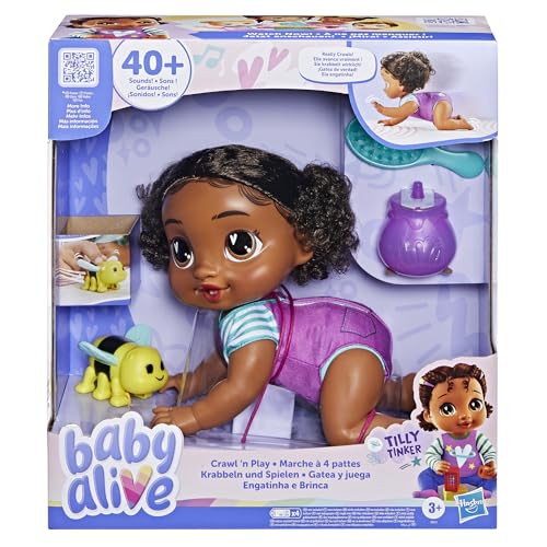 Baby Alive Crawl 'n Play Tilly Tinker Electronic Crawling Baby Doll Set, Black Hair, Kids Toys for Girls & Boys 3 Years & Up, 10.75 Inches | Amazon (US)