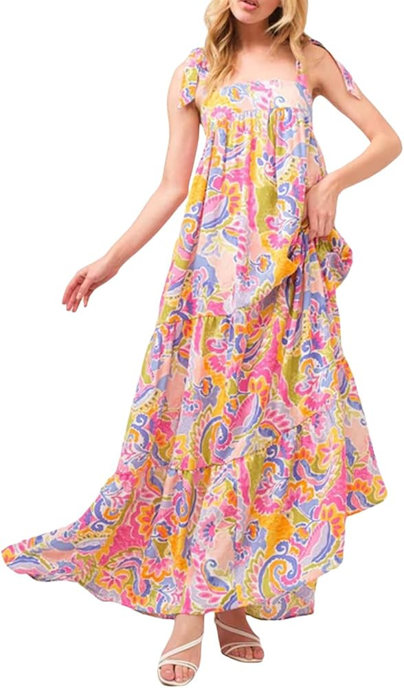 Women Floral Boho Maxi Dress Sleeveless Tie Shoulder Smocked Flowy Long Dress Y2k Tiered Summer B... | Amazon (US)