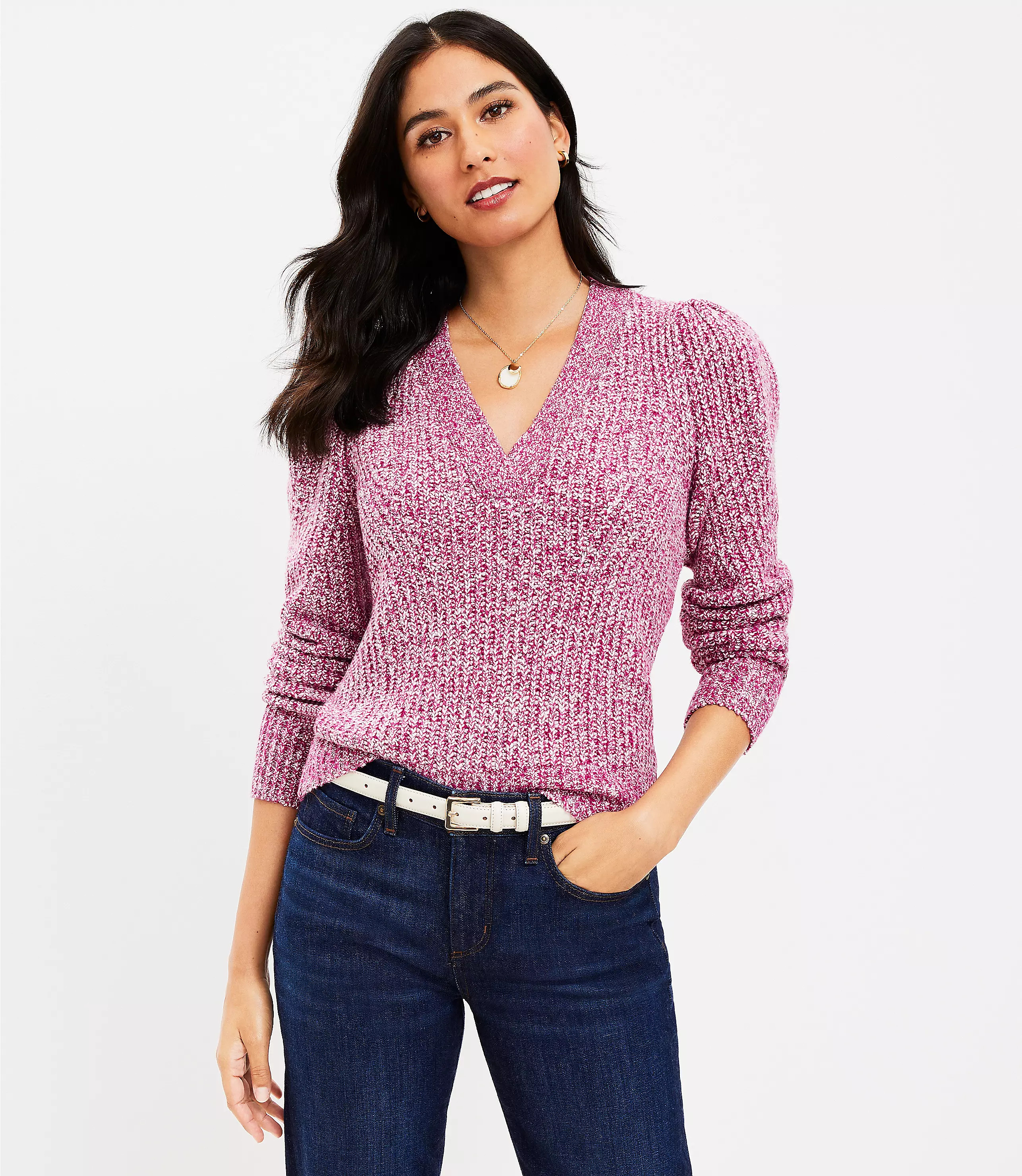 Marled Ribbed V-Neck Sweater | LOFT