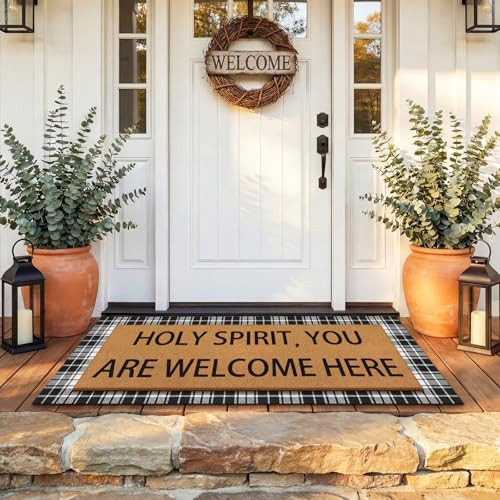 Tinideya 2 Pcs Long Christian Layered Outdoor Welcome Doormat 47"x17" Plaid Layering Rug with Holy Spirit You are Welcome Here Bible Verse Non Slip Door Mats for Front Porch Entryway Home Decor | Amazon (US)