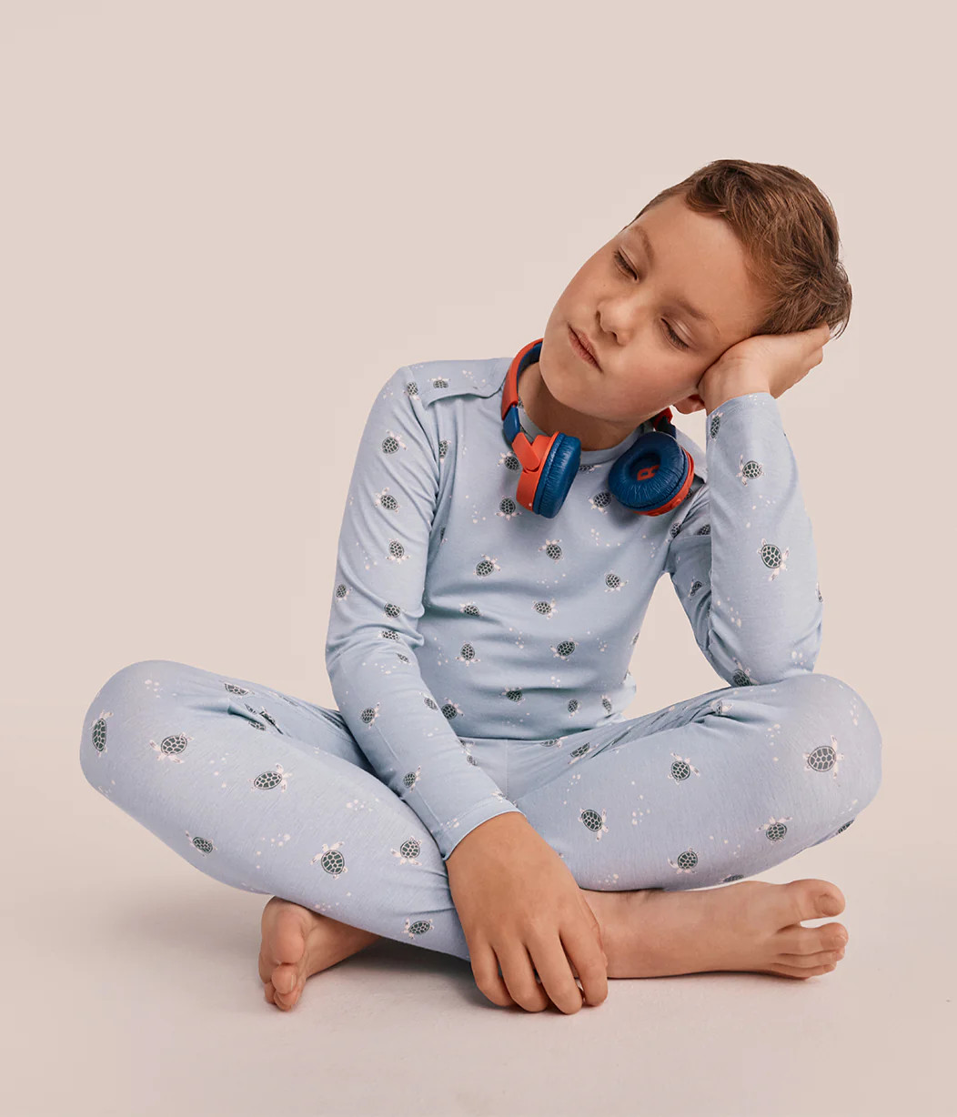 Kids Pyjama Set Long Sleeve Viscose from Bamboo Mist Blue Turtally | Love to Dream UK