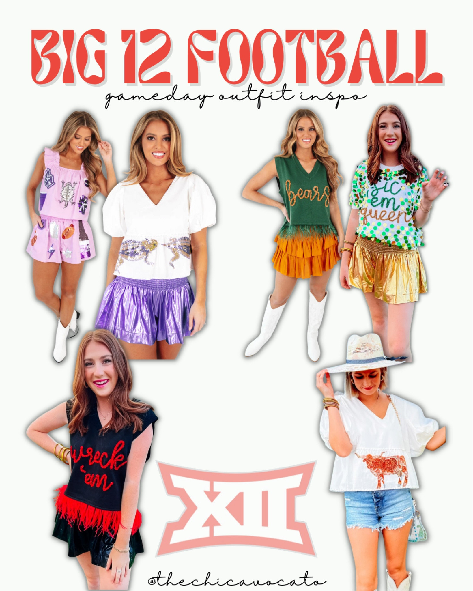 Big 12 Football Gameday Inspo 
Baylor University, Texas tech, Texas Christian university, university of Texas 

Sic Em Bears 
Wreck Em Tech 
Horn Frogs 
Hook Em 

#LTKstyletip #LTKSeasonal #LTKU
