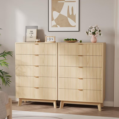 5 Drawer Dressers 2 Pcs, Fluted Closet Dressers Chest of Drawers, Wood Dresser Chest of Drawers Organizer for Bedroom Living Room Hallway, Natural | Target