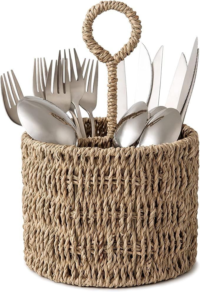 StorageWorks Wicker Flatware Organizer, Hand Woven Seagrass Cutlery Holder for Countertop with Ha... | Amazon (US)