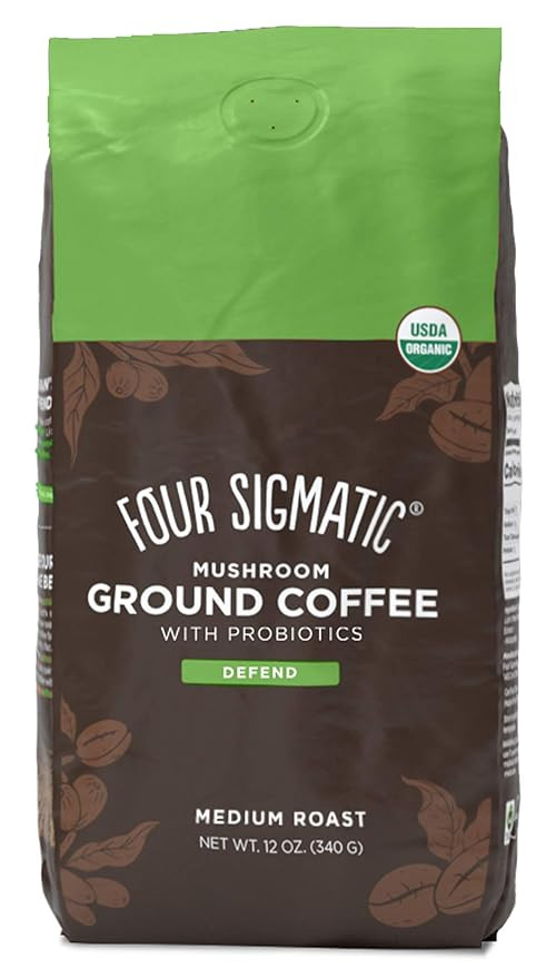 Four Sigma Foods Mushroom Ground Coffee with Probiotics, Organic and Fair Trade Coffee with Turke... | Amazon (US)