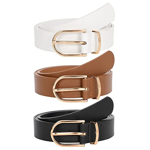 JASGOOD 3 Pack Women’s Leather Belts for Jeans Pants Fashion Ladies Belt with Gold Buckle B-Black+Brown+White | Amazon (US)