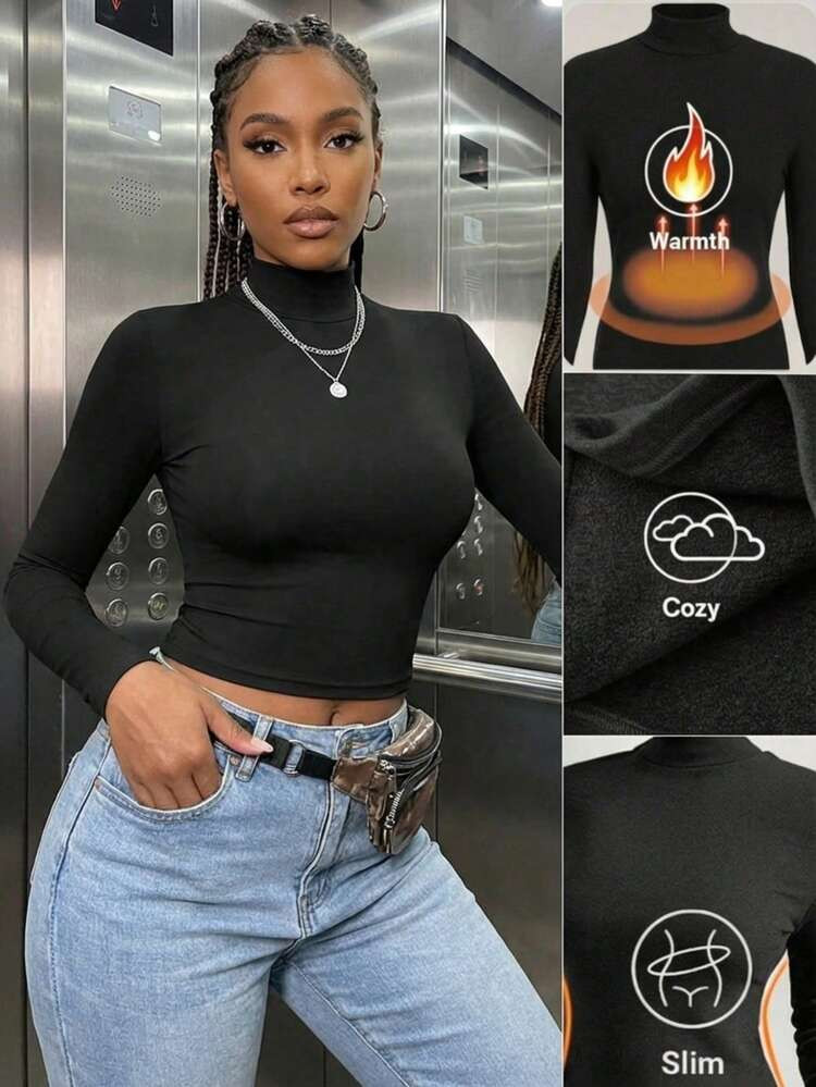 Warm Yet Not Bulky, Women's Solid Color High Elasticity Slim Fit Cropped Turtleneck/Long Sleeve Top, Suitable For Autumn/Winter, Upgraded Warm Lining Fabric, Can Be Worn As Innerwear Or Outerwear, Basic Top, Autumn/Winter, Outerwear, Date Night Casual | SHEIN