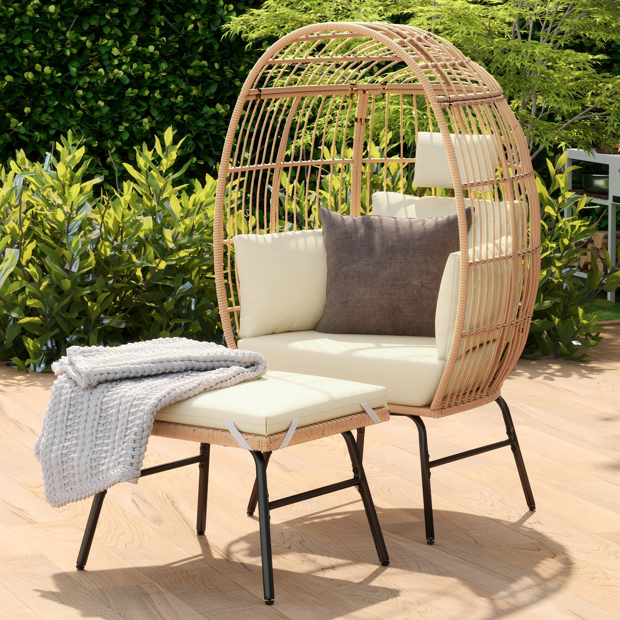 Dextrus Outdoor Egg Chair with Ottoman,Patio Wicker Basket Chair with Stand and Beige Cushion Coc... | Walmart (US)