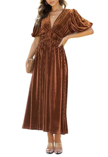 Maxigerui Women's Velvet Maxi Dress Formal Dresses for Wedding Guest Dress Caramel XL | Amazon (US)