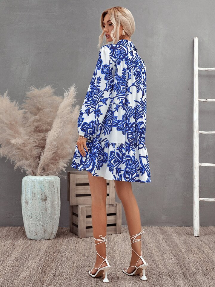 SHEIN Frenchy Floral Print Ruffle Hem Lantern Sleeve Smock Dress | SHEIN