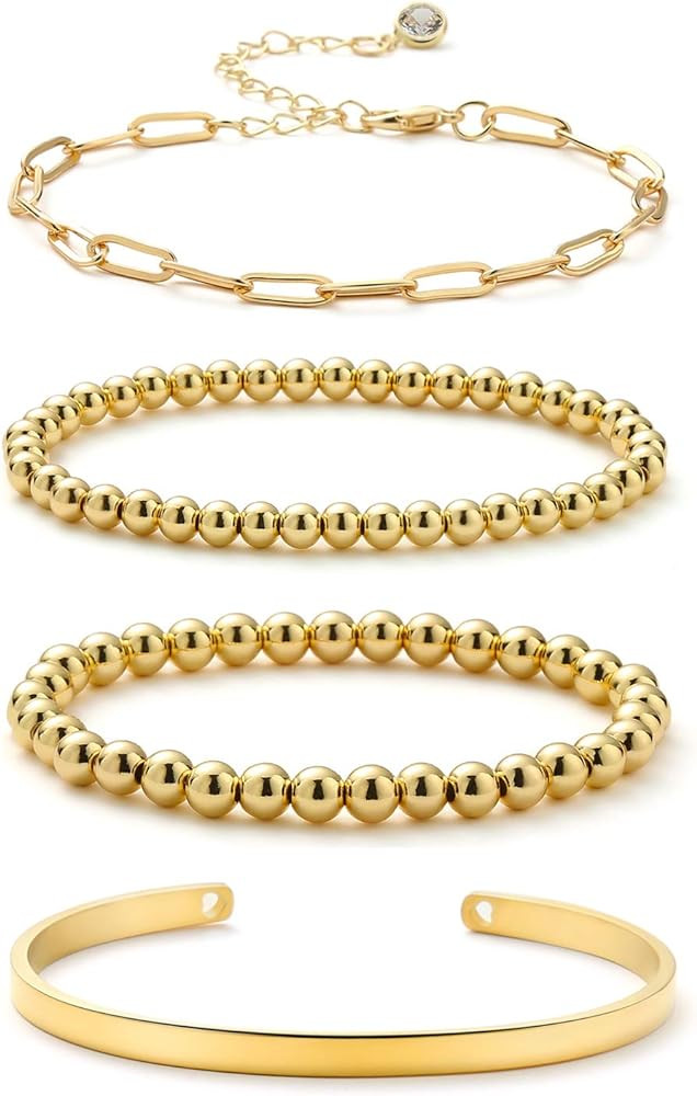 Starain Gold Beaded Bracelets for Women 18K Gold Plated Beaded Ball Stackable Stretch Bracelet Go... | Amazon (US)