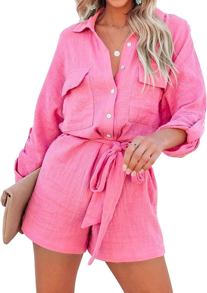 Ebifin Women's Summer Long Sleeve Botton Down Romper Pockets Belted Loose Casual Jumpsuits | Amazon (US)