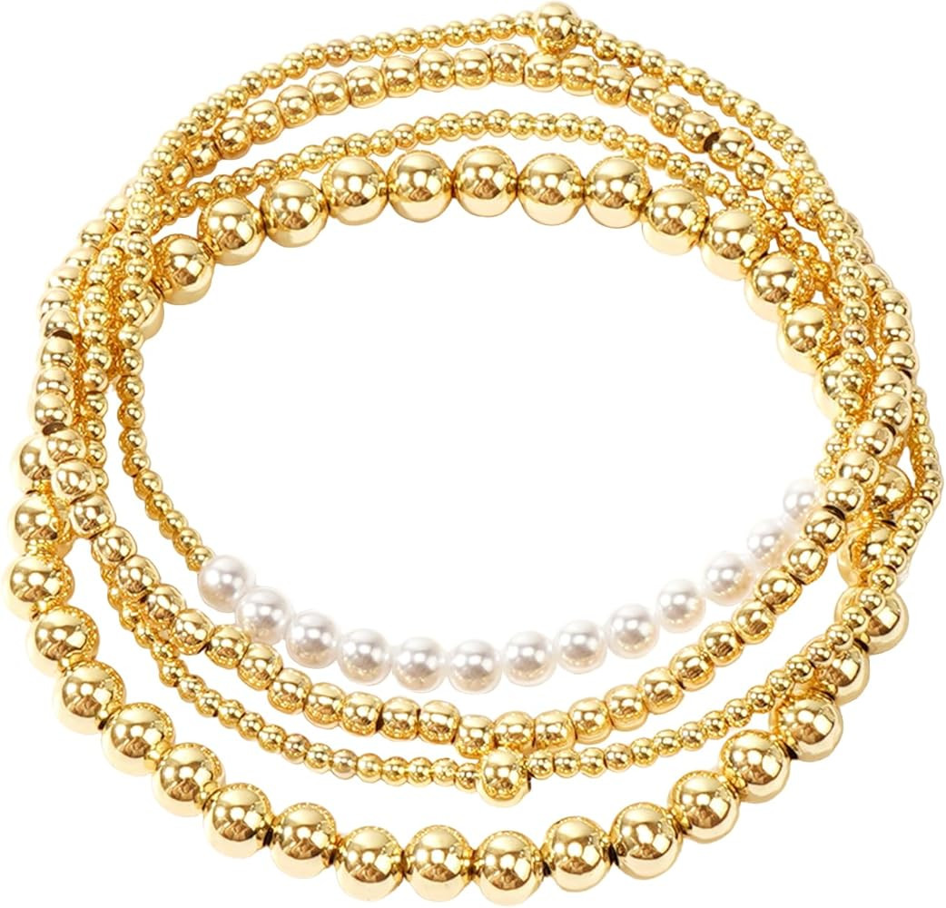 14K Gold Plated Beaded Bracelets Stack Set for Women,Stretch Boho Ball Jewelry Friendship Trendy | Amazon (US)