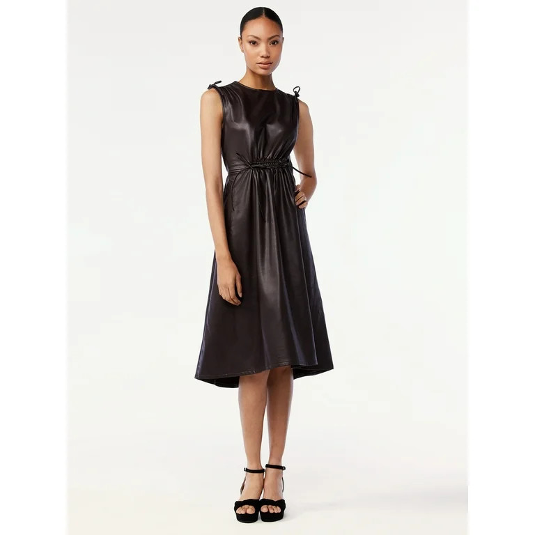 Scoop Women's Faux Leather Midi Dress with Cinched Waist | Walmart (US)