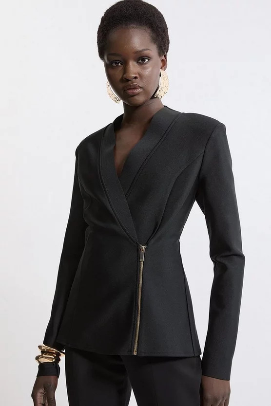 Figure Form Bandage Knit Side Zip Longline Jacket | Karen Millen US