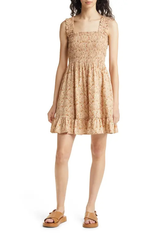 Madewell Linen-Blend Lucie Smocked Tank Mini Dress in Painted Seashells in Tawny Sand at Nordstrom,  | Nordstrom
