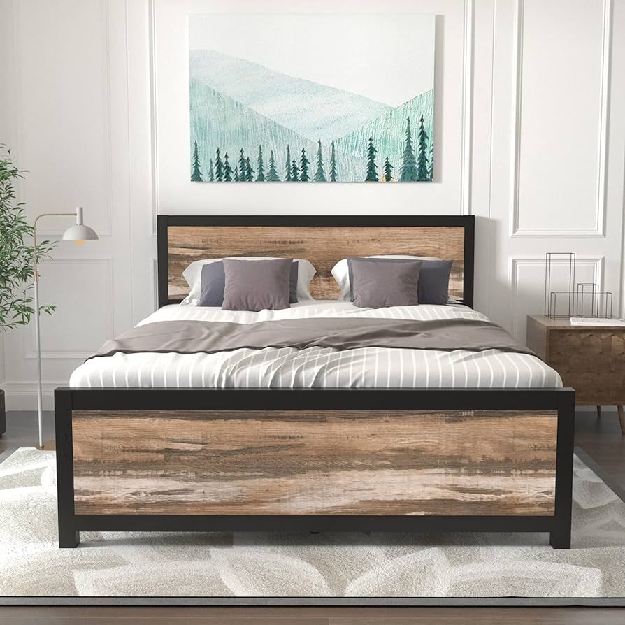 Catrimown Queen Size Platform Metal Bed Frame with Wooden Headboard and Footboard/Rustic Country ... | Amazon (US)