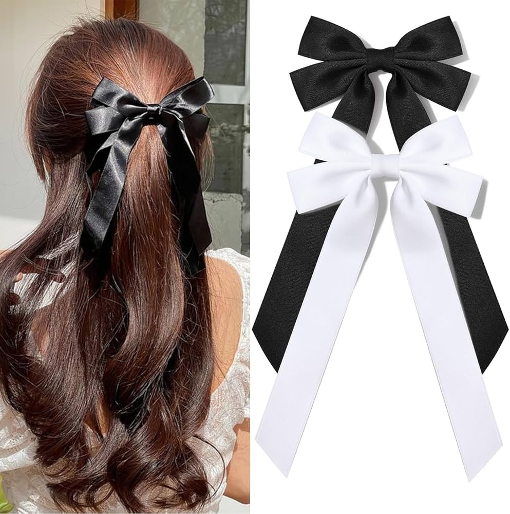 2PCS Silky Satin Hair Bows Black White Hair Ribbon Clips for women Ponytail Holder Hair Accessori... | Amazon (US)
