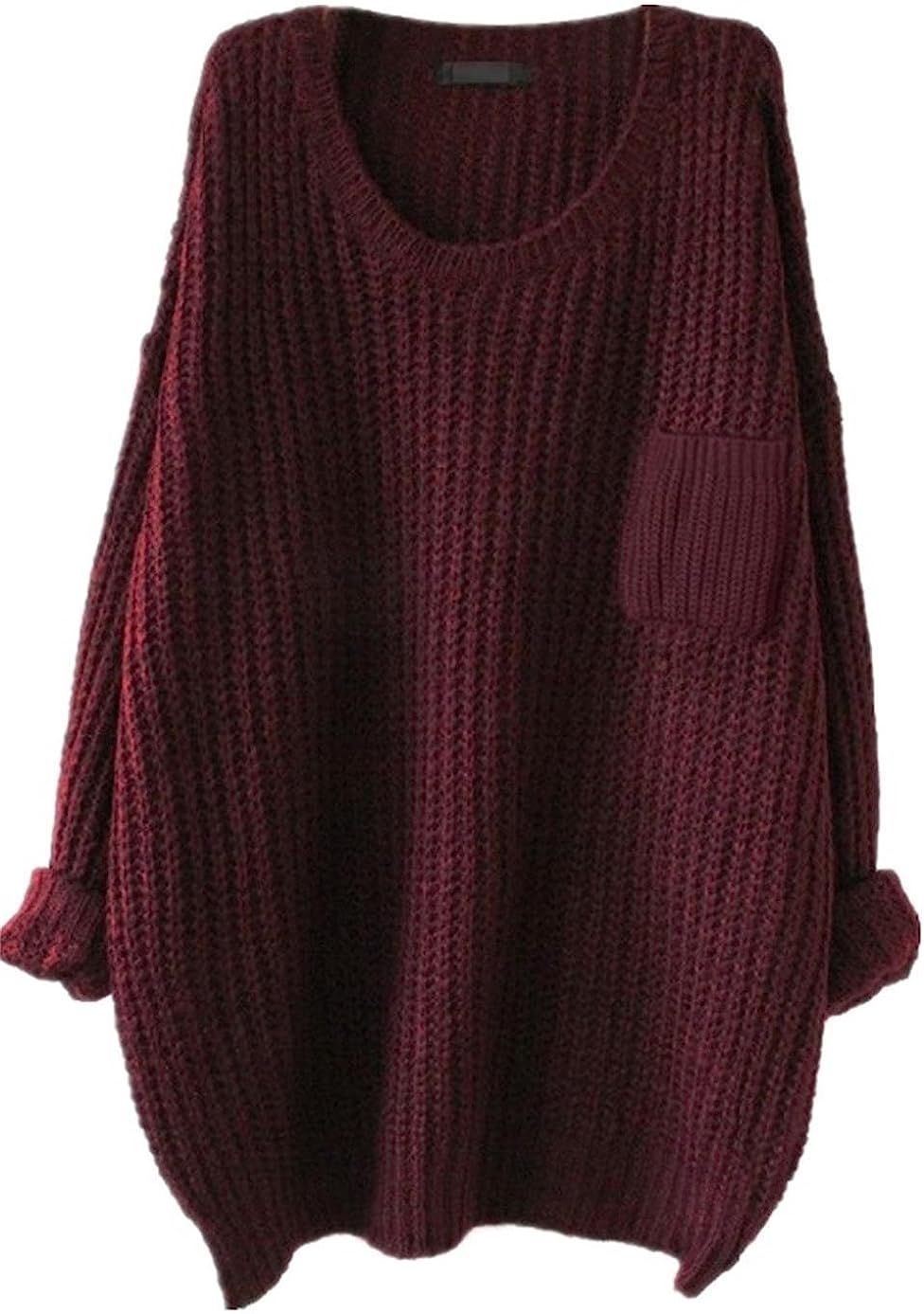 Women's Casual Unbalanced Crew Neck Knit Sweater Loose, Burgundy, Size One Size at Amazon Women... | Amazon (US)
