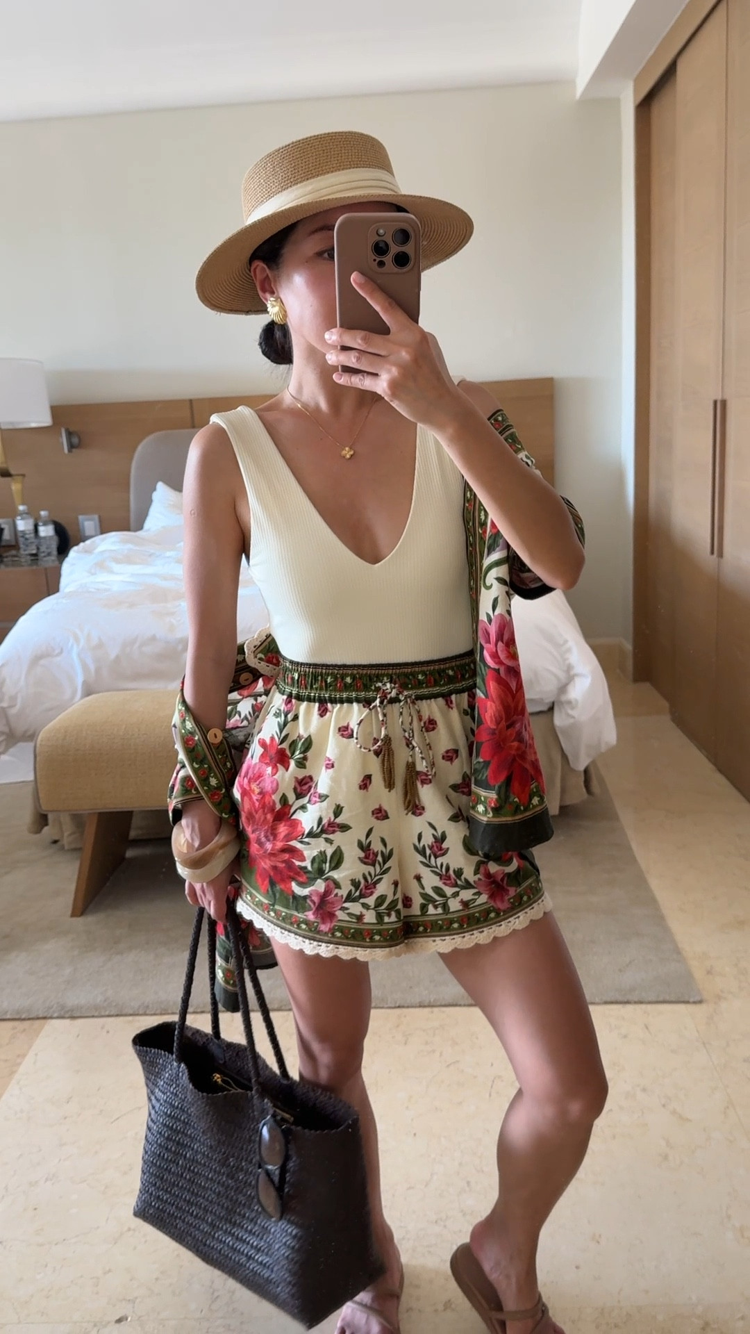 
• Montce Kim swimsuit xs, petite and short torso friendly, TTS soft comfy and great quality, classic cut with removable waist belt and higher cut leg and higher cut front 

• amazon adjustable hat 

• Farm Rio linen blend button down shirt xxs, oversized relaxed fit, longer length 

• Farm Rio drawstring shorts xxs true to size, has stretch waist and pockets

• Dolce vita flats in Mocha size 5. Size Down if between sizes. Water friendly so a great mom shoe for poolside / water play too.

• Woven shoulder bag

• Madewell oval sunglasses

Beach / pool outfit, vacation resort style,  floral matching set

#ltkpetite #ltkseasonal #ltkswim