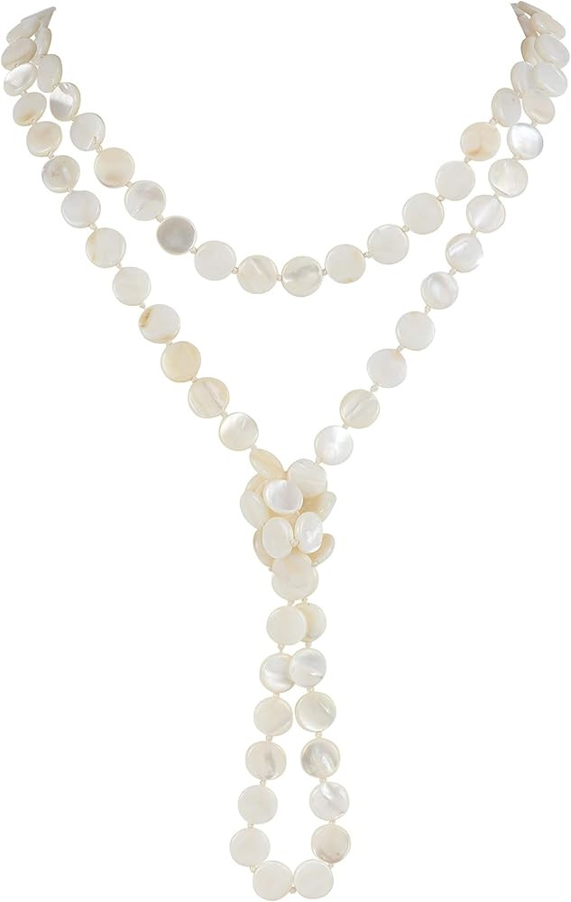 Firstmeet Flat Round Coin Shell Beads Long Knotted Necklace Natural Mother of Pearl Handmade Jewe... | Amazon (US)