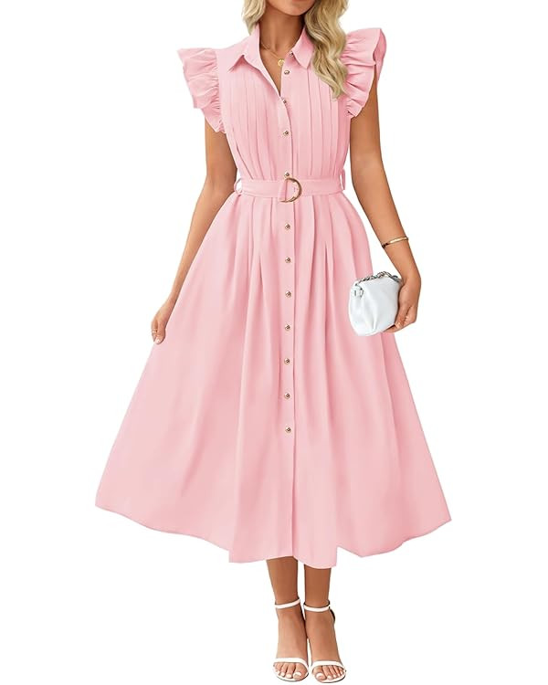 ZESICA Women's 2025 Summer Boho Button Midi Dresses Casual V Neck Flutter Sleeve Belted Long Dres... | Amazon (US)