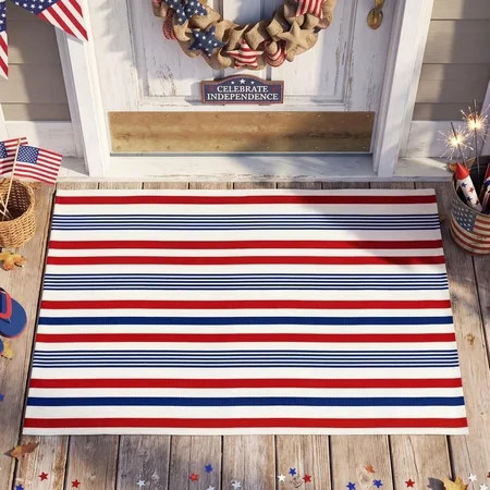 Red Blue White Memorial Day Striped Rug 32'' x 20'' 250 Anniversary Mat Patriotic Outdoor Front Porch USA Door Mat Welcome Layering Rustic Rug 4th of July Doormat for Entryway Farmhouse Decor | Walmart (US)