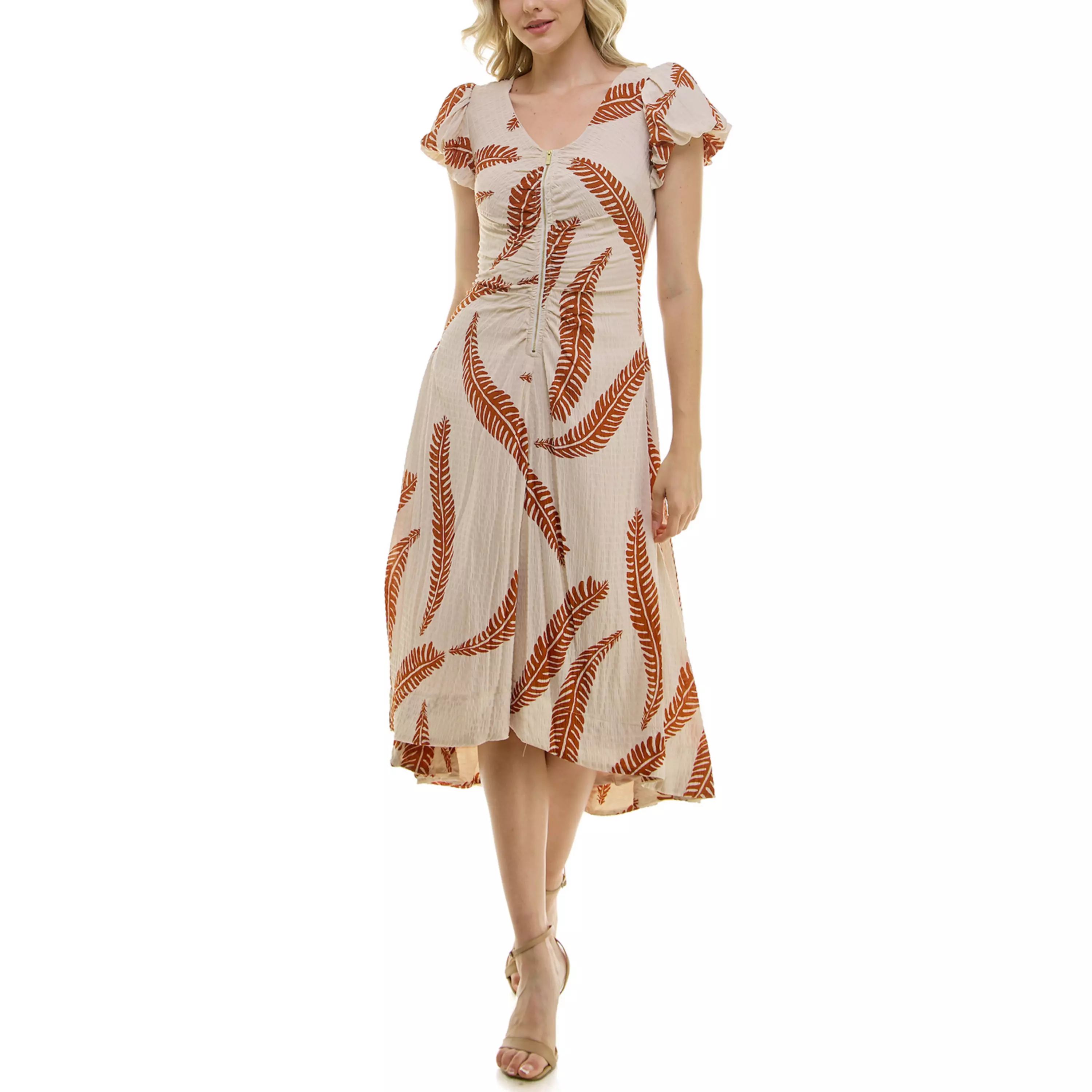 Women's Taylor Bubble Crepe Feather Print Flowy Scoopneck Flutter Sleeve Midi Dress | Kohl's