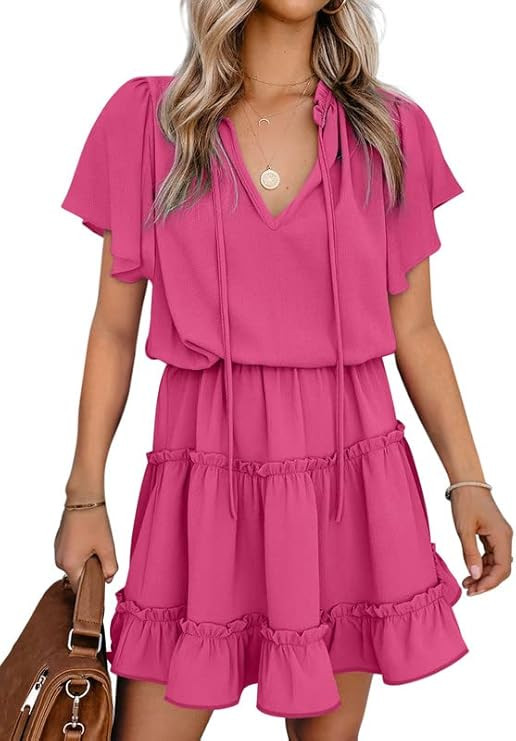 Dokotoo Womens 2023 Split V Neck Ruffle Chiffon Elegant Mini Short Skirt Dresses | Amazon (US)