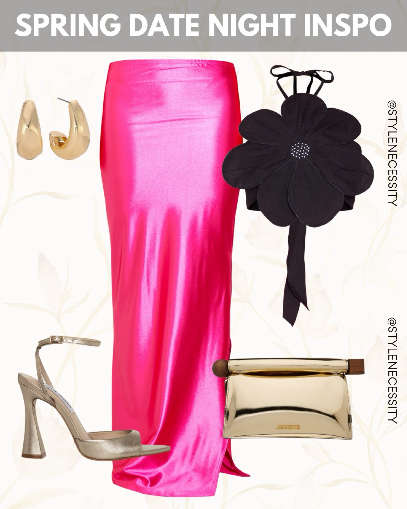 🌸 Spring Date Night Inspo 🌸  

This look is giving bold, flirty, and high-fashion vibes! A mix of statement pieces and classic elegance—all styled to turn heads.  

✨ Black floral top – unique & eye-catching  
💖 Hot pink satin skirt – sleek & sultry  
💛 Gold heels – effortlessly chic  
👜 Metallic gold clutch – luxe & modern  
💫 Gold abstract earrings – the perfect finishing touch  

Would you rock this look for a date night?  

#SpringStyle #DateNightGlam #BoldAndChic #OutfitInspo #StyleNecessity

#LTKpartywear #LTKspring #LTKdatenight