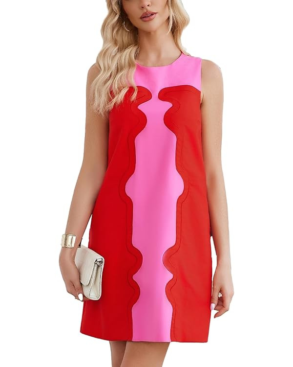 Ladyful Color Block Shift Dress Cotton Linen Sleeveless Crew Neck Mini Dresses 60s Party Vacation... | Amazon (US)